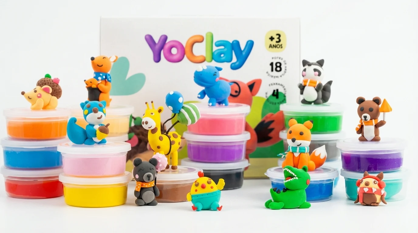 YoClay — caixa, potes e personagens